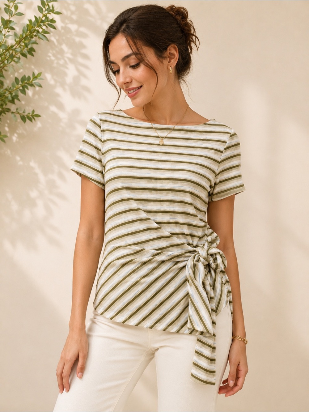 Olive & Cream Striped Tie-Detail Short Sleeve Top